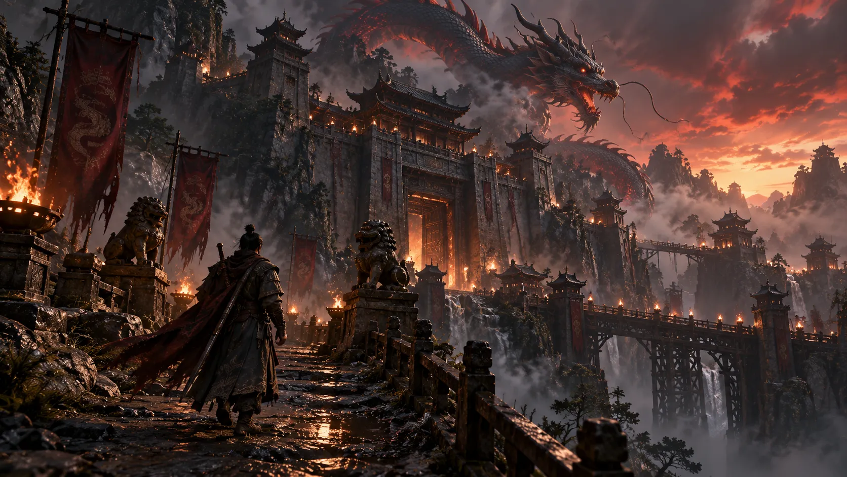 The gate under red banners