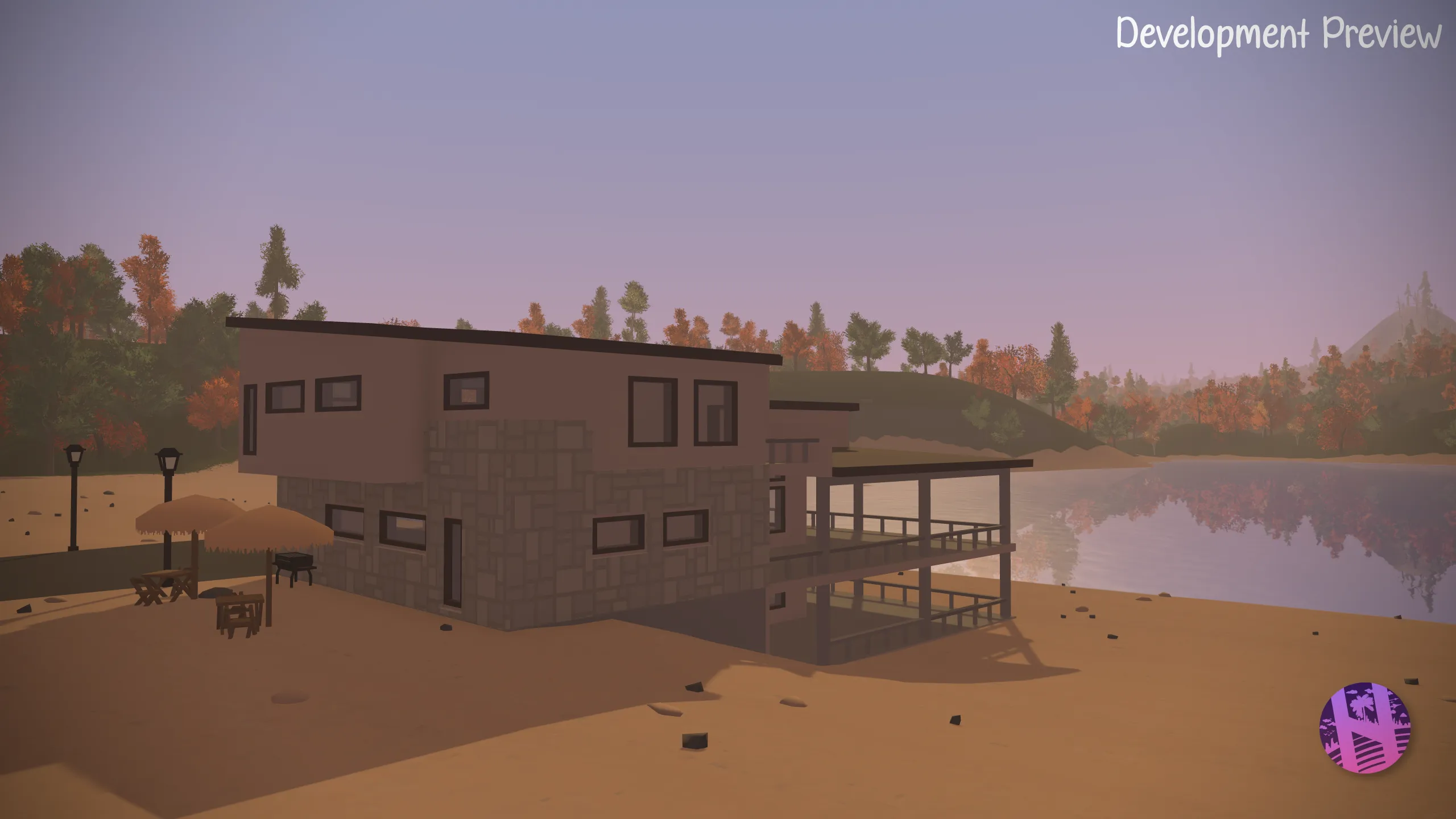 Lakeside estate at dusk