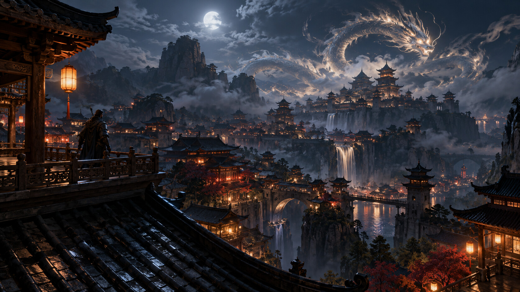 The Ashen Capital at night beneath a red moon